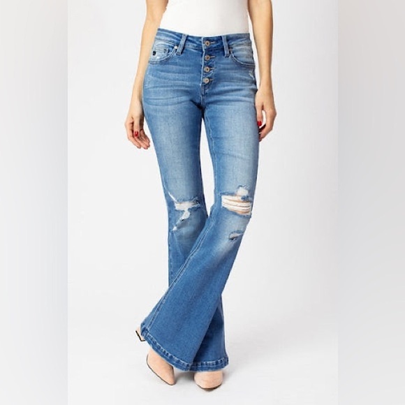 KanCan Light Blue Flare Jeans Distressed Button Fly Boho - Picture 1 of 12
